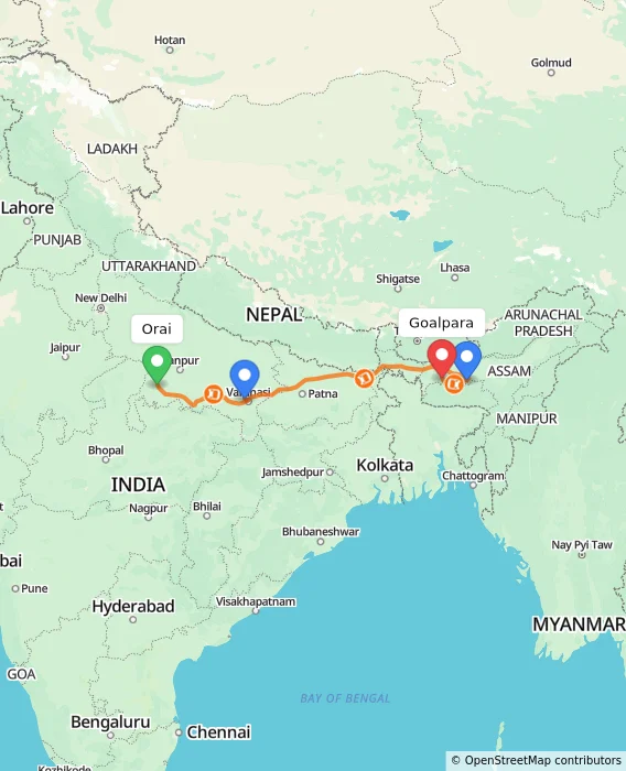 Route map showing distance and travel time from Orai, India to Goalpara, India