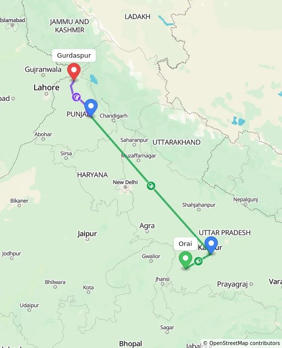 Route map showing distance and travel time from Orai, India to Gurdaspur, India