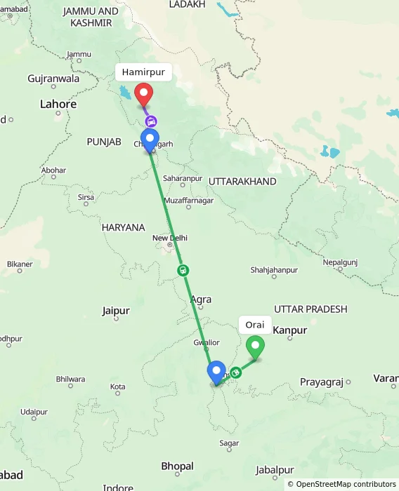 Route map showing distance and travel time from Orai, India to Hamirpur, India