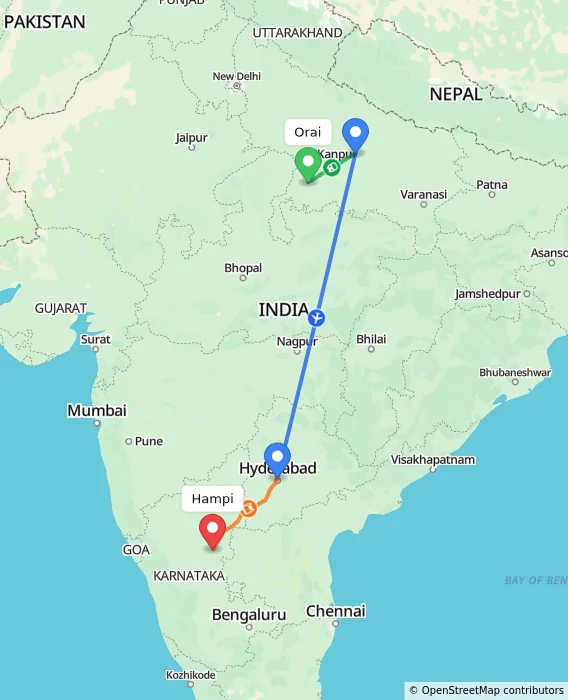 Route map showing distance and travel time from Orai, India to Hampi, India