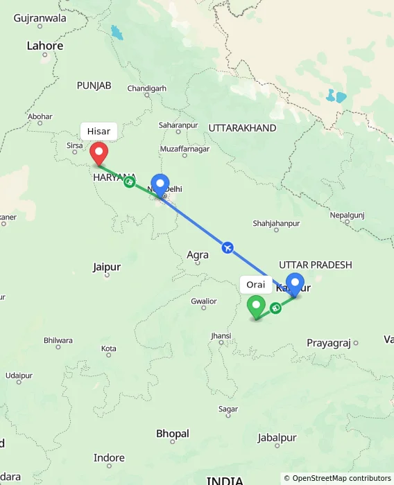 Route map showing distance and travel time from Orai, India to Hisar, India