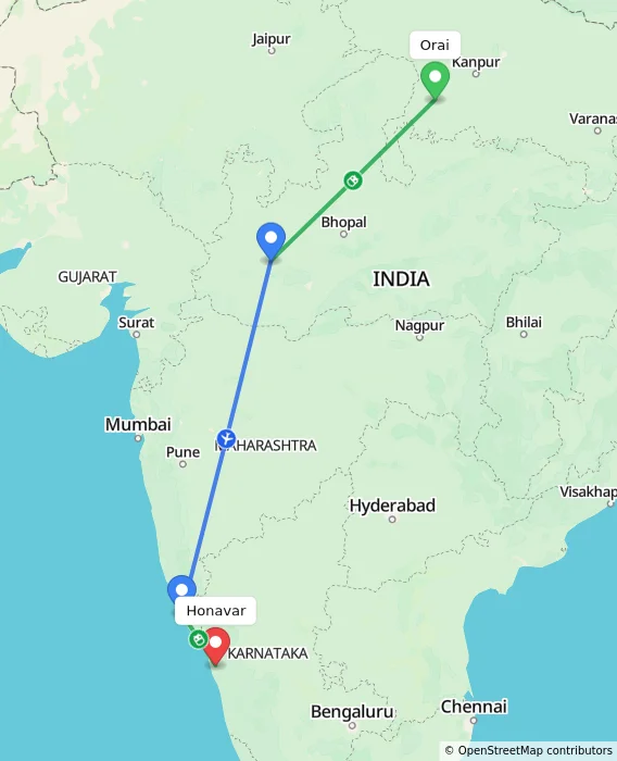 Route map showing distance and travel time from Orai, India to Honavar, India