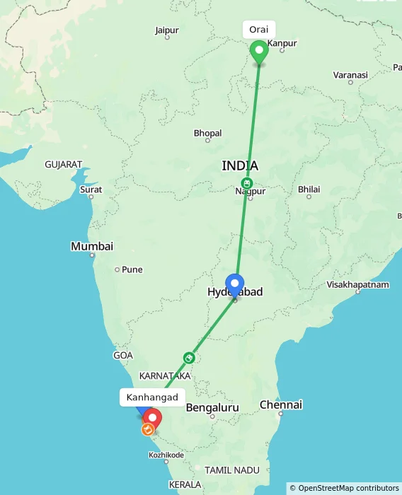 Route map showing distance and travel time from Orai, India to Kanhangad, India