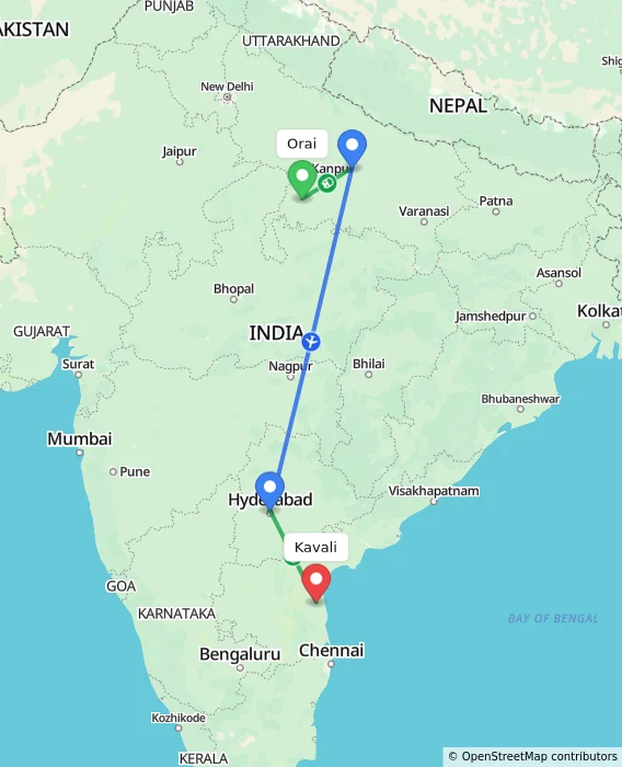 Route map showing distance and travel time from Orai, India to Kavali, India