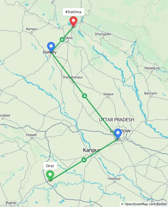 Route map showing distance and travel time from Orai, India to Khatima, India