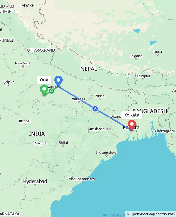 Route map showing distance and travel time from Orai, India to Kolkata, India