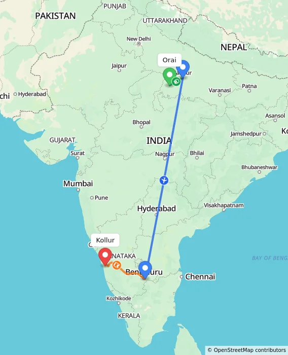 Route map showing distance and travel time from Orai, India to Kollur, India