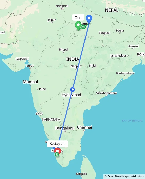 Route map showing distance and travel time from Orai, India to Kottayam, India