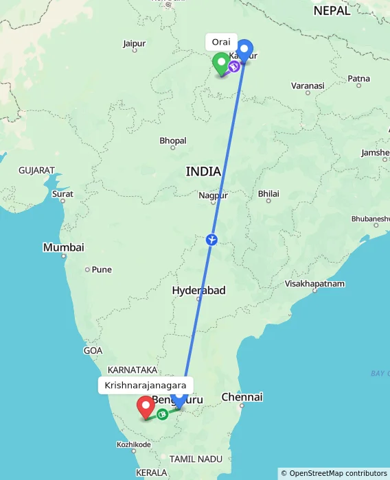 Route map showing distance and travel time from Orai, India to Krishnarajanagara, India