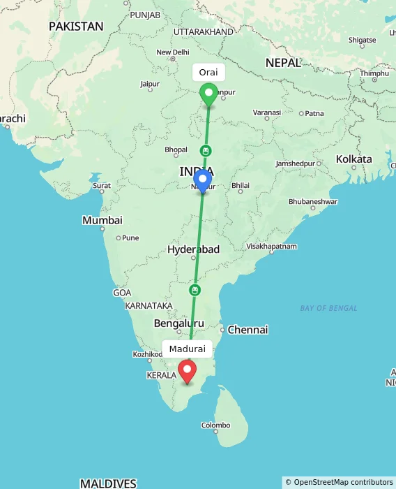 Route map showing distance and travel time from Orai, India to Madurai, India