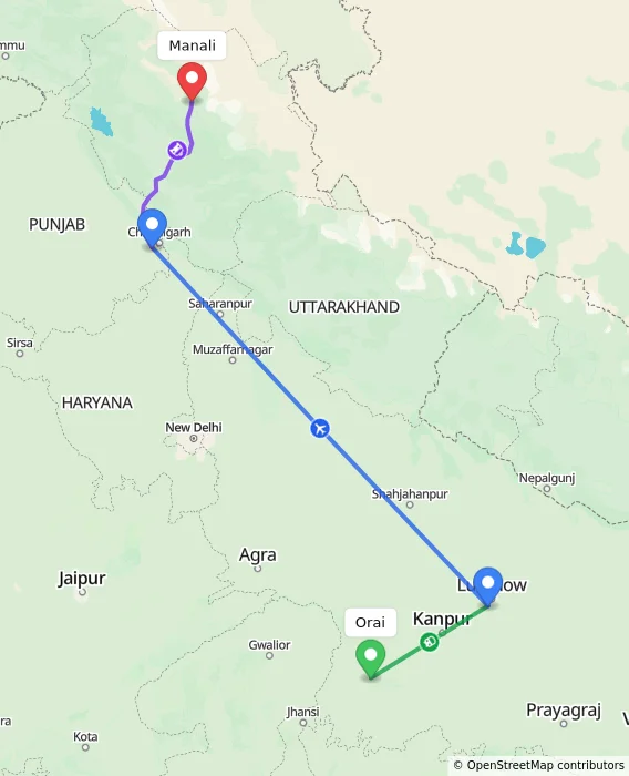 Route map showing distance and travel time from Orai, India to Manali, India