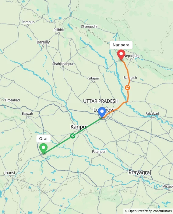 Route map showing distance and travel time from Orai, India to Nanpara, India