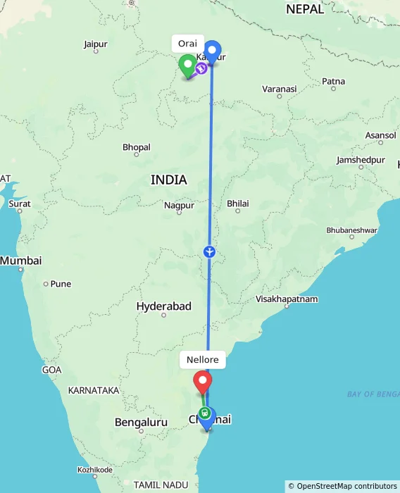 Route map showing distance and travel time from Orai, India to Nellore, India