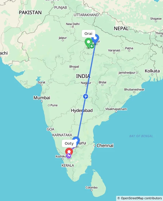 Route map showing distance and travel time from Orai, India to Ooty, India