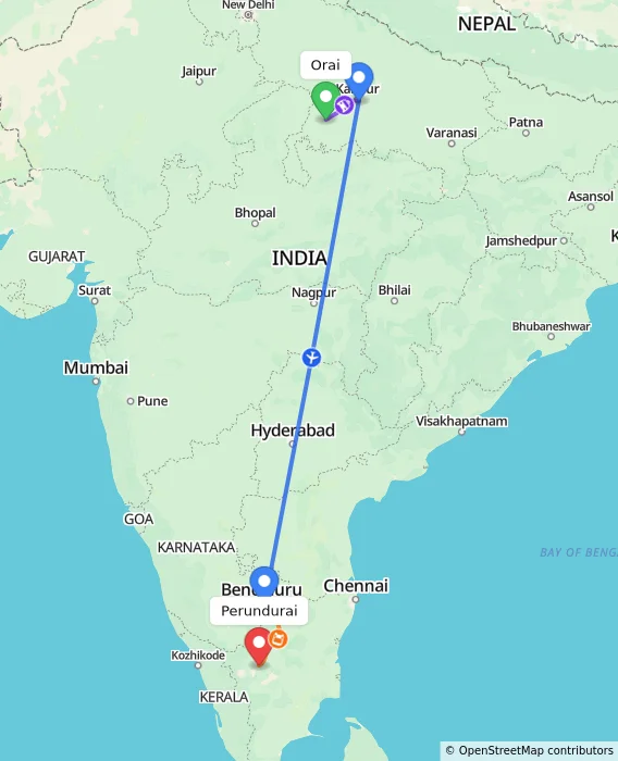 Route map showing distance and travel time from Orai, India to Perundurai, India
