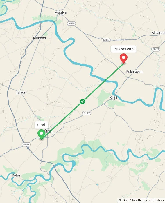 Route map showing distance and travel time from Orai, India to Pukhrayan, India