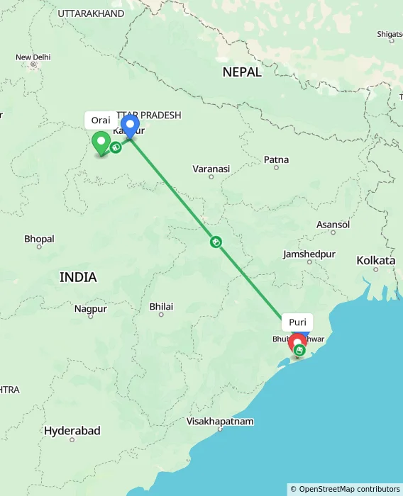 Route map showing distance and travel time from Orai, India to Puri, India