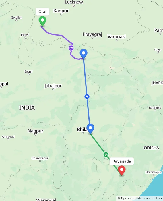 Route map showing distance and travel time from Orai, India to Rayagada, India