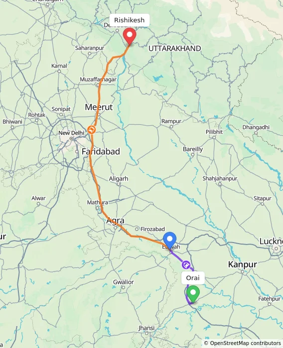 Route map showing distance and travel time from Orai, India to Rishikesh, India