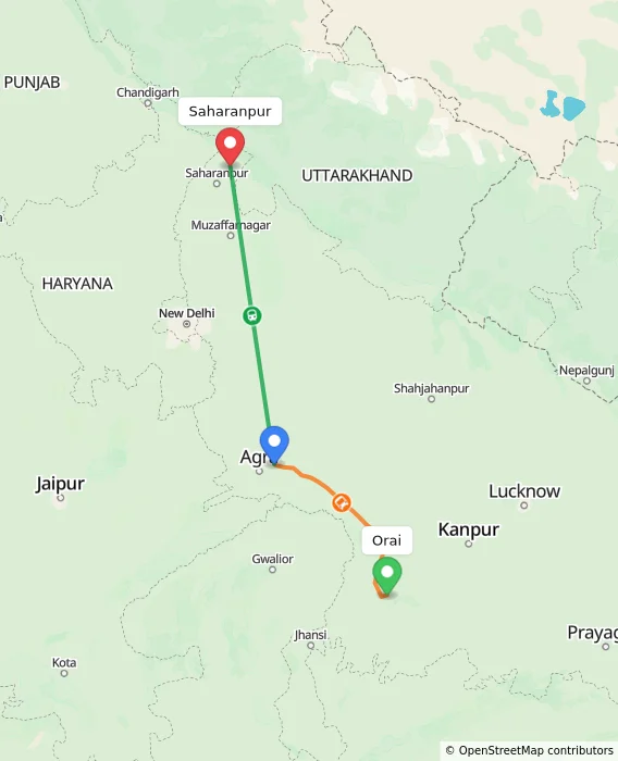 Route map showing distance and travel time from Orai, India to Saharanpur, India