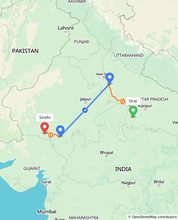 Route map showing distance and travel time from Orai, India to Sirohi, India