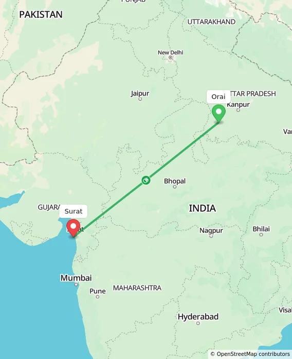 Route map showing distance and travel time from Orai, India to Surat, India