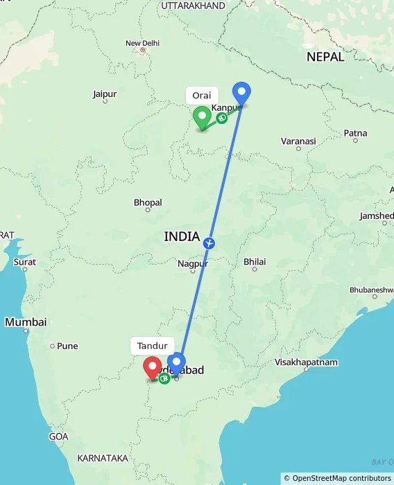 Route map showing distance and travel time from Orai, India to Tandur, India