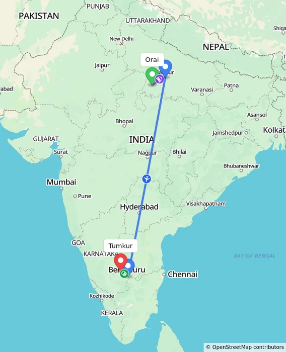Route map showing distance and travel time from Orai, India to Tumkur, India