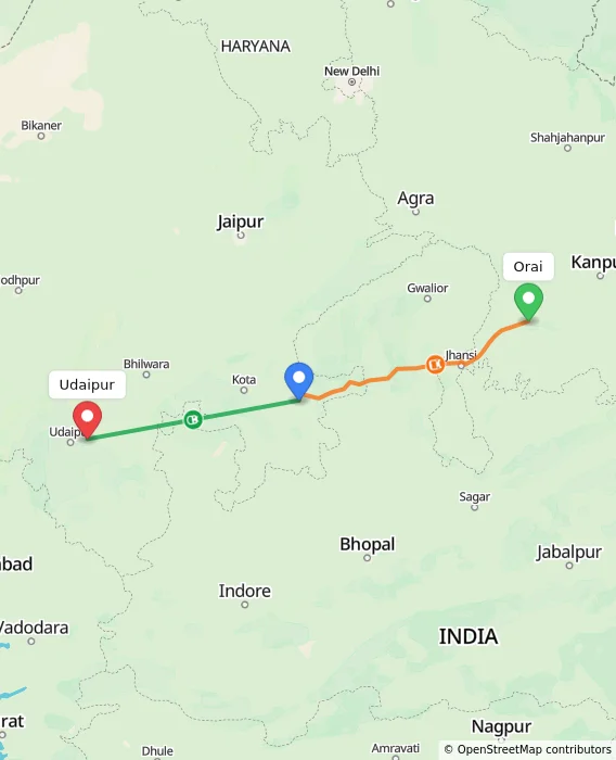 Route map showing distance and travel time from Orai, India to Udaipur, India