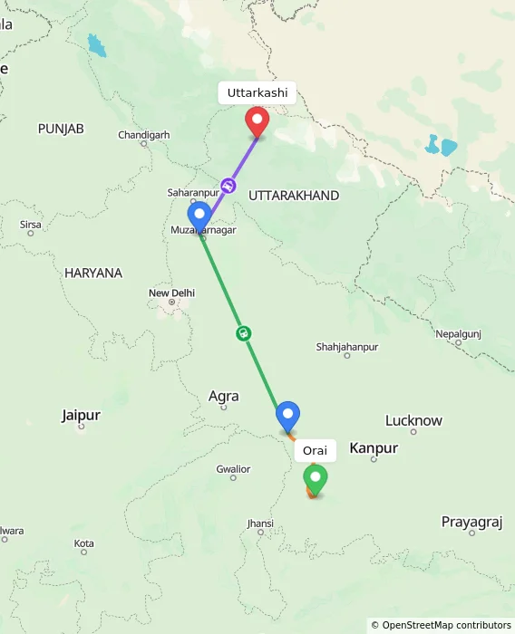 Route map showing distance and travel time from Orai, India to Uttarkashi, India