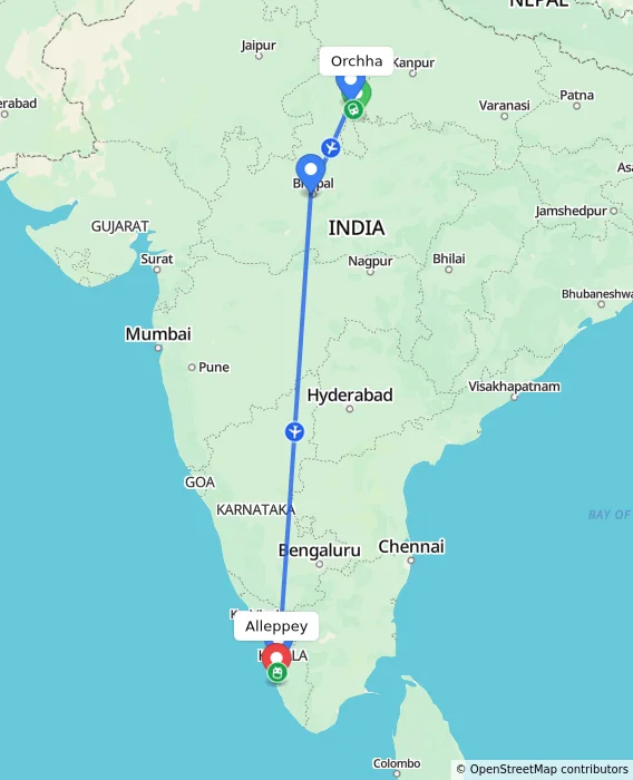 Route map showing distance and travel time from Orchha, India to Alappuzha, India