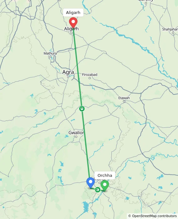 Route map showing distance and travel time from Orchha, India to Aligarh, India