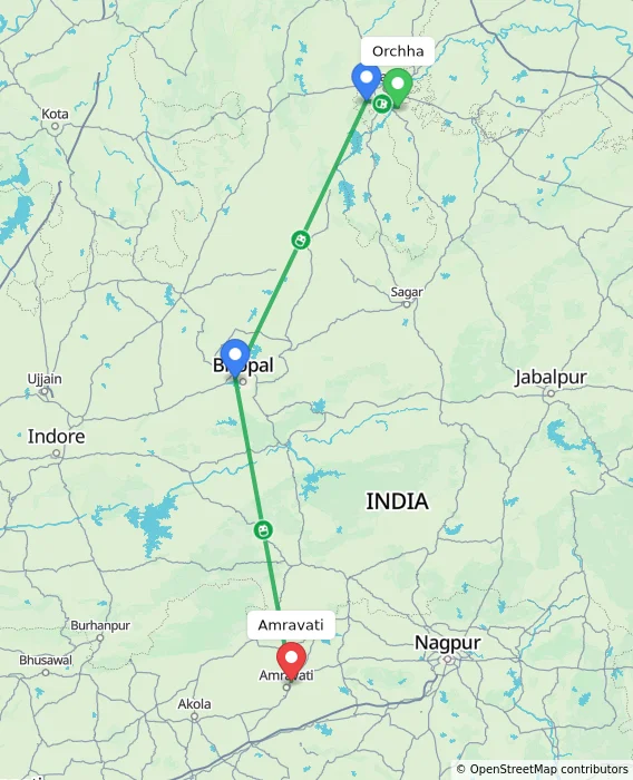 Route map showing distance and travel time from Orchha, India to Amravati, India