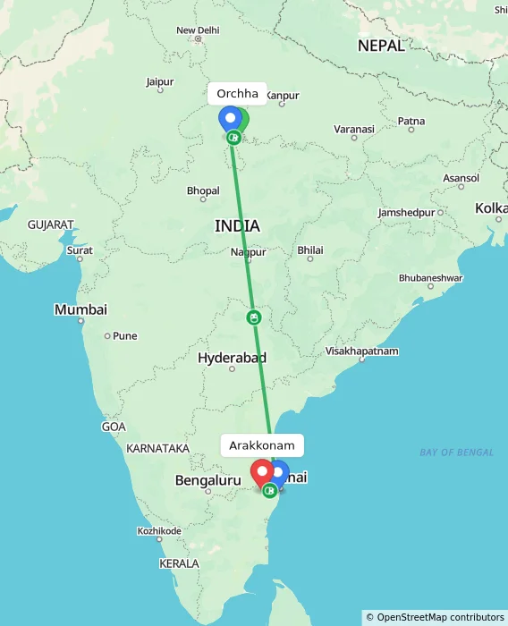 Route map showing distance and travel time from Orchha, India to Arakkonam, India