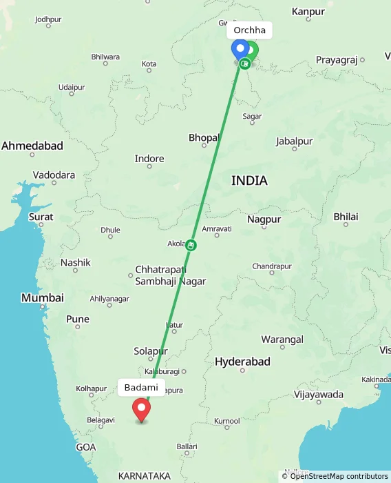 Route map showing distance and travel time from Orchha, India to Badami, India