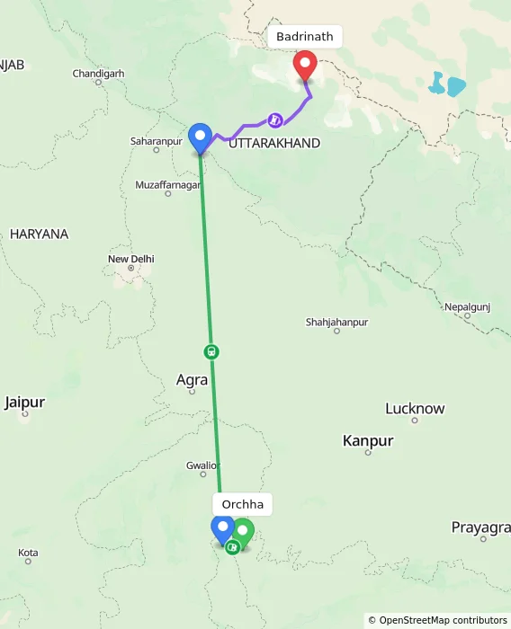 Route map showing distance and travel time from Orchha, India to Badrinath, India