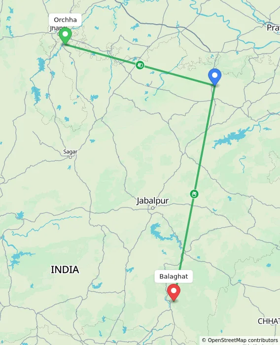 Route map showing distance and travel time from Orchha, India to Balaghat, India