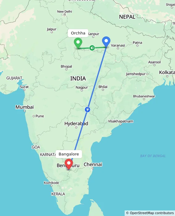 Route map showing distance and travel time from Orchha, India to Bangalore, India