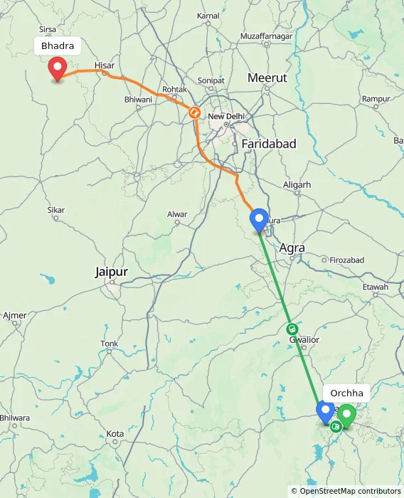 Route map showing distance and travel time from Orchha, India to Bhadra, India