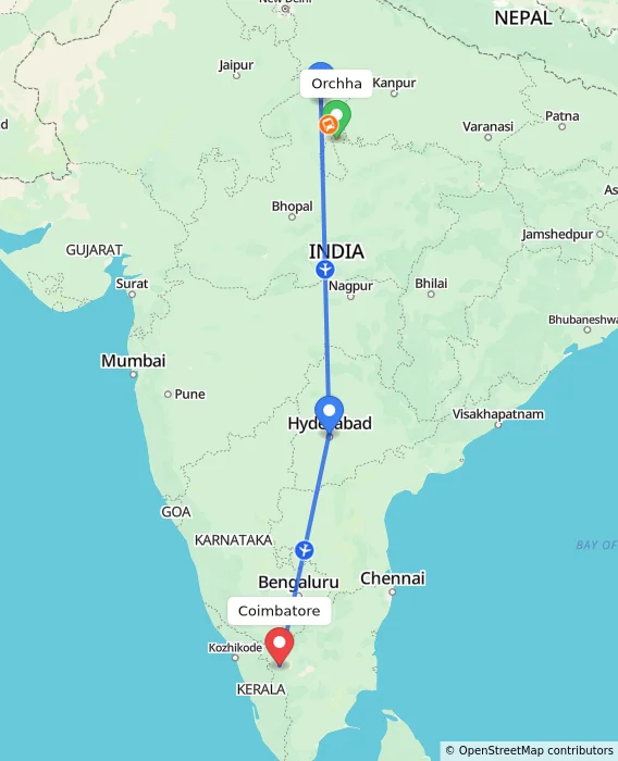 Route map showing distance and travel time from Orchha, India to Coimbatore, India