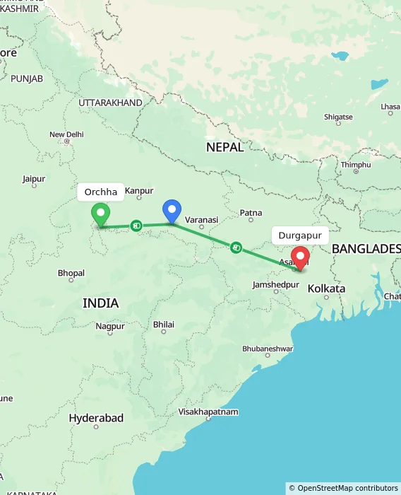 Route map showing distance and travel time from Orchha, India to Durgapur, India