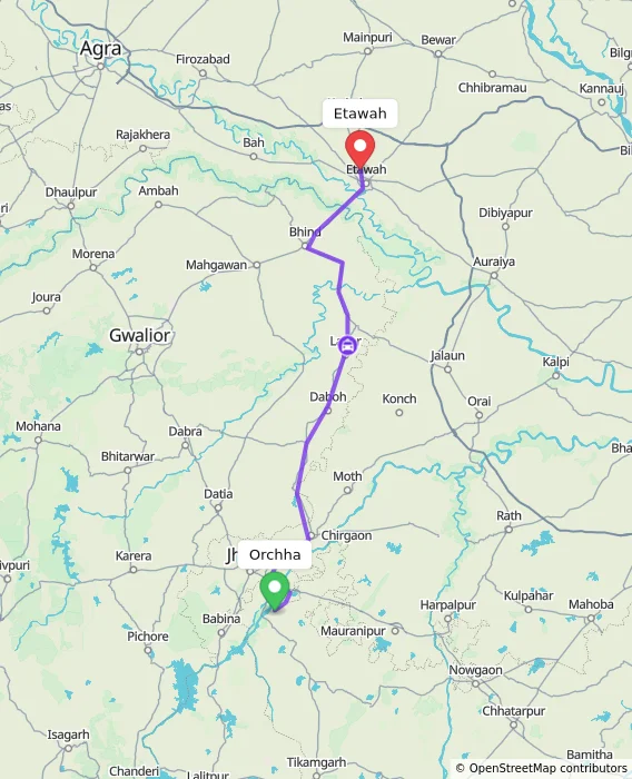Route map showing distance and travel time from Orchha, India to Etawah, India