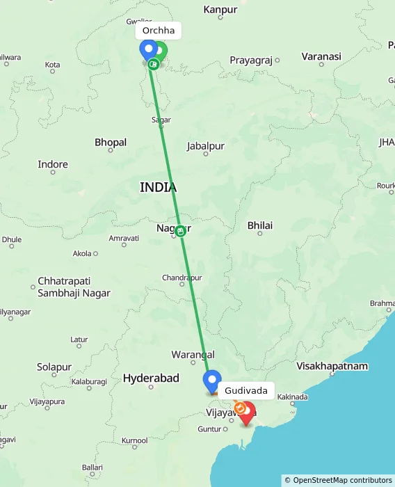 Route map showing distance and travel time from Orchha, India to Gudivada, India