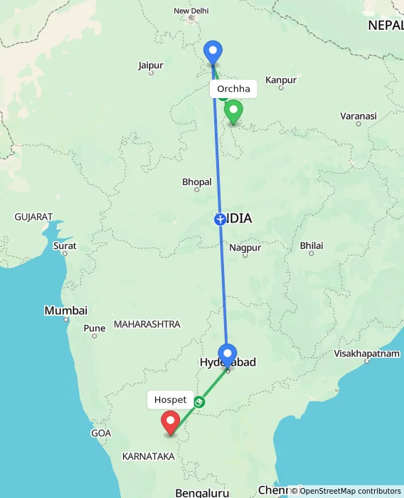 Route map showing distance and travel time from Orchha, India to Hospet, India