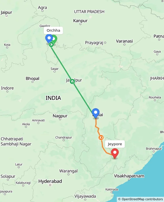 Route map showing distance and travel time from Orchha, India to Jeypore, India
