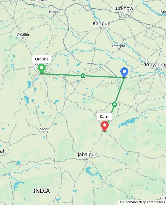 Route map showing distance and travel time from Orchha, India to Katni, India