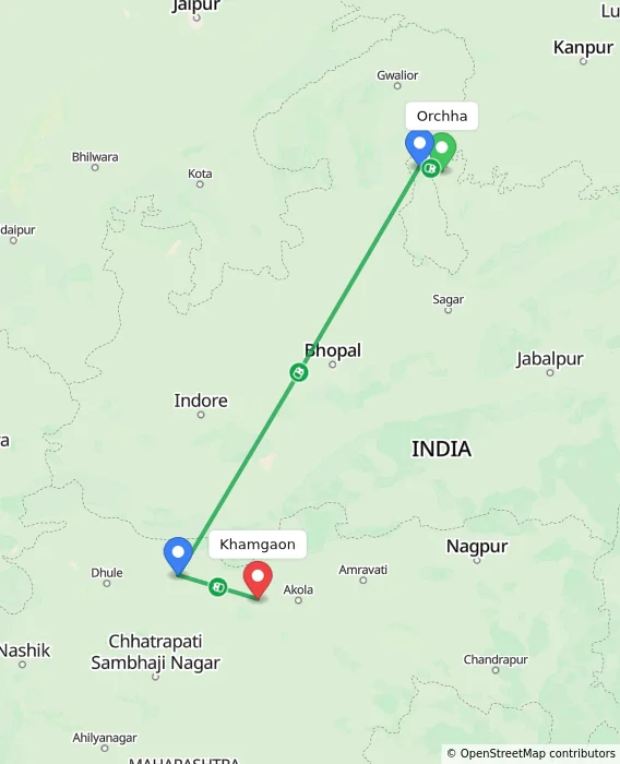 Route map showing distance and travel time from Orchha, India to Khamgaon, India