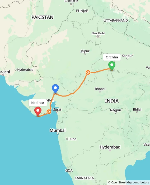 Route map showing distance and travel time from Orchha, India to Kodinar, India