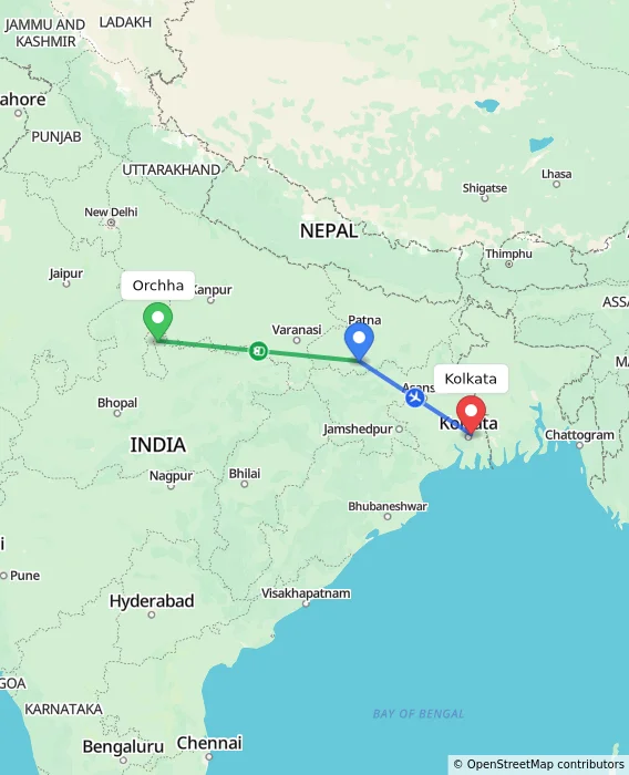 Route map showing distance and travel time from Orchha, India to Kolkata, India