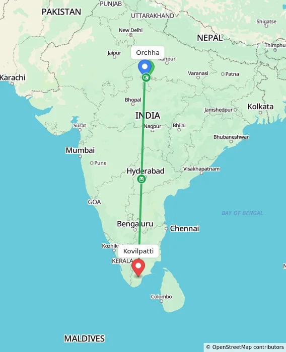 Route map showing distance and travel time from Orchha, India to Kovilpatti, India